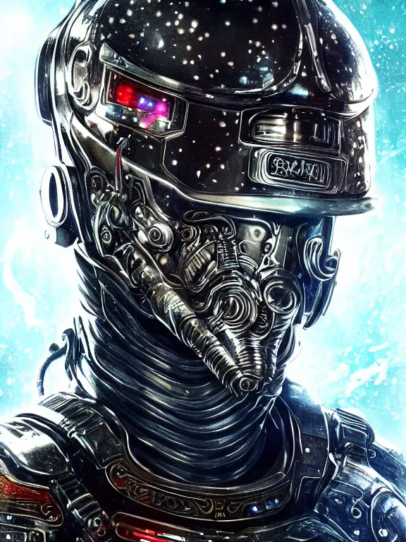 Image similar to portrait art of 8k ultra realistic retro futuristic samurai , galaxy reflected helmet , detailed intricate ornate armour,eldritch horror,blade runner, cybernetic, full of colour, cinematic lighting, battered, trending on artstation, 4k, hyperrealistic, focused, extreme details,unreal engine 5, cinematic, masterpiece, art by ayami kojima, giger