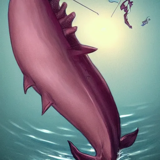 Prompt: a whale sized human mouth with large dorsal fins swimming through a dark ocean, pink skin, sinew, d & d fantasy art, concept art, character art, horror