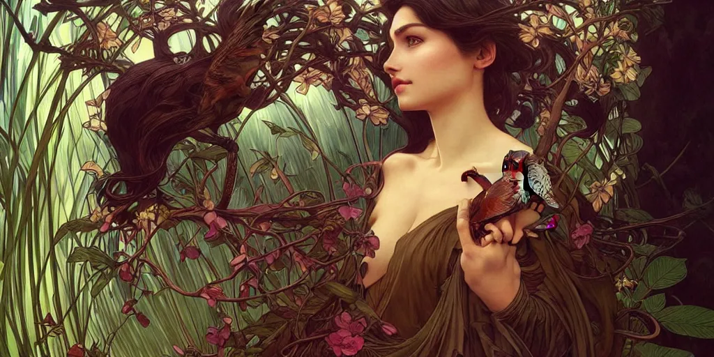 Image similar to beautiful woman turning in to a bird in the garden of eden, dark surrealism, intricate, elegant, highly detailed, artstation, concept art, smooth, sharp focus, illustration, art by artgerm and moebius and alphonse mucha