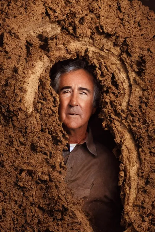 Prompt: cinematic still randy mantooth covered in mud squeezing out of a giant hole made of flesh and hair, 4 k, dramatic lighting