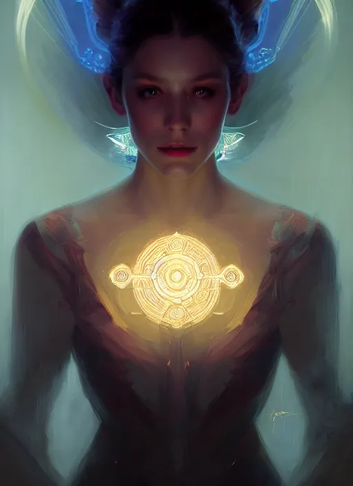 Image similar to symmetry!! portrait of a beautiful necromancer princess, sci - fi, glowing lights!! intricate, elegant, highly detailed, digital painting, artstation, concept art, smooth, sharp focus, illustration, ethereal, ominous, misty, by ruan jia and jeremy mann and alphonse mucha, 8 k