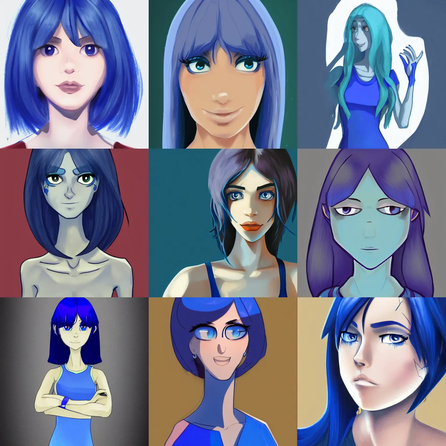 Prompt: lapis lazuli from steven universe character portrait, trending on artstation, deviantart, tumblr | girl with a slim figure and is considerably tall | she has blue skin, dark blue chin - length hair with long bangs and fringe that covers her entire forehead, and royal blue eyes | fanart, 8 k