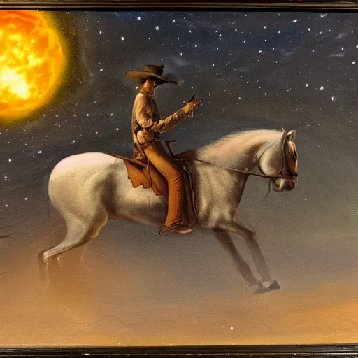 Prompt: a dark oil painting of a cowboy riding a horse towards a glowing blue ring suspended in the night sky