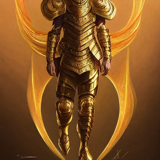 Image similar to Lionel Messi wearing a beautiful golden armor, D&D, fantasy, intricate, elegant, highly detailed, digital painting, artstation, concept art, matte, sharp focus, illustration, art by Artgerm and Greg Rutkowski and Alphonse Mucha