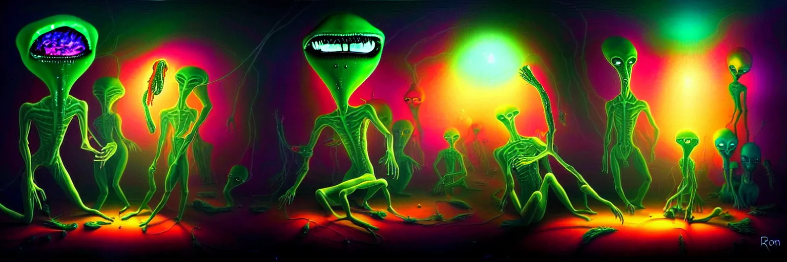 Image similar to strange alien plankton creatures from the depths of the collective unconscious, dramatic lighting, surreal darkly colorful painting by ronny khalil