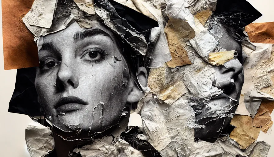 Prompt: rendered in blender trash bag on his head and crumpled paper as a texture, collage paper and tape, slit - scan photography, hyperrealism mixed with expressionism, high resolution, cinematic, unreal 6, breathtaking detailed, by blake neubert
