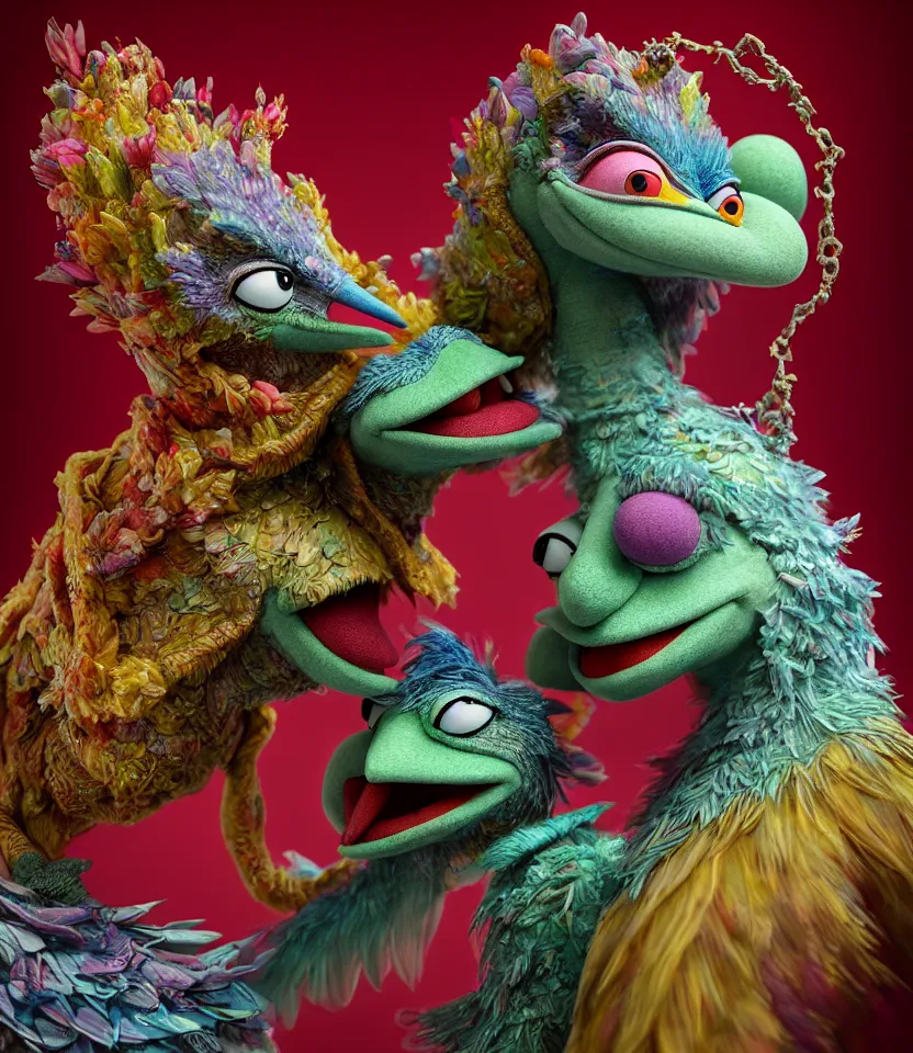 Image similar to hyper detailed 3d render like a Oil painting - kawaii portrait of hopeful lovers hugging tight or kissing pecking adorably Aurora (a beautiful girl skeksis muppet fae princess protective playful expressive acrobatic from dark crystal that looks like Anya Taylor-Joy) seen red carpet photoshoot in UVIVF posing in scaly dress to Eat of the Strangling network of yellowcake aerochrome and milky Fruit and His delicate Hands hold of gossamer polyp blossoms bring iridescent fungal flowers whose spores black the foolish stars by Jacek Yerka, Ilya Kuvshinov, Mariusz Lewandowski, Houdini algorithmic generative render, golen ratio, Abstract brush strokes, Masterpiece, Edward Hopper and James Gilleard, Zdzislaw Beksinski, Mark Ryden, Wolfgang Lettl, hints of Yayoi Kasuma and Dr. Seuss, Grant Wood, octane render, 8k