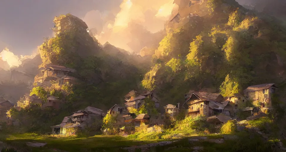 Prompt: beautiful peace loving village on a mountain slope, realistic concept art, eytan zana, one pixel brush, lavander and yellow color scheme, dramatic lighting, concept art, trending on artstation