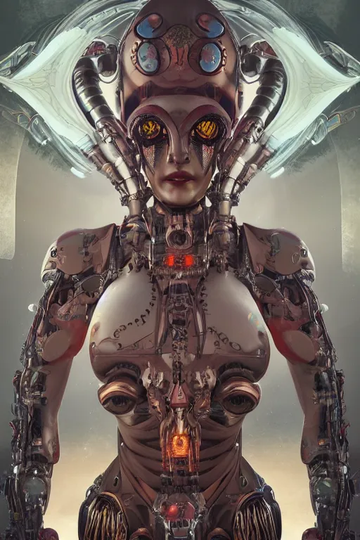 Image similar to twin Alien Robot concubines, facial tattoos, artists portrait, biomechanical, oppai, fantasy, highly detailed, photograph, concept art, sharp focus, depth of field blur, Mandelbrot fractal, art by artgerm and greg rutkowski and alphonse mucha and trevor brown, octane render