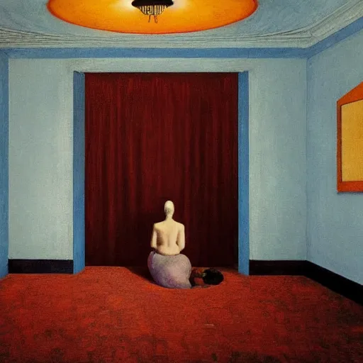 Prompt: a lonely figure in an haunted hotel abandoned room, hyperrealistic film still by edward hopper, by gottfried helnwein, by klimt, by paolo uccello, art noveau, highly detailed, strong lights, liminal, eerie, metaphysical, bright pastel colors,