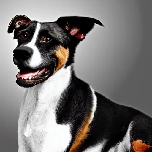 Image similar to a black and white dog mixed with american staffordshire terrier papillon german shepherd treeing walker coonhound, digital art