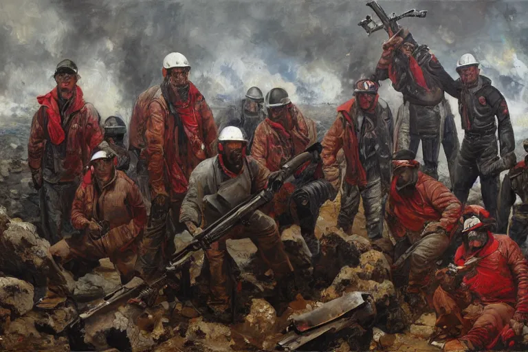 Prompt: oil painting of intense dramatic still of a ragtag group of miners and factory workers with improvised weapons and pistols and red scarves below their necks, on the surface of an asteroid, outside of a high tech scifi industrial building, medium shot, oil painting by charles frederic ulrich, pablo olivera, normal rockwell, greg rutkowski, trending on artstation, incredible detail