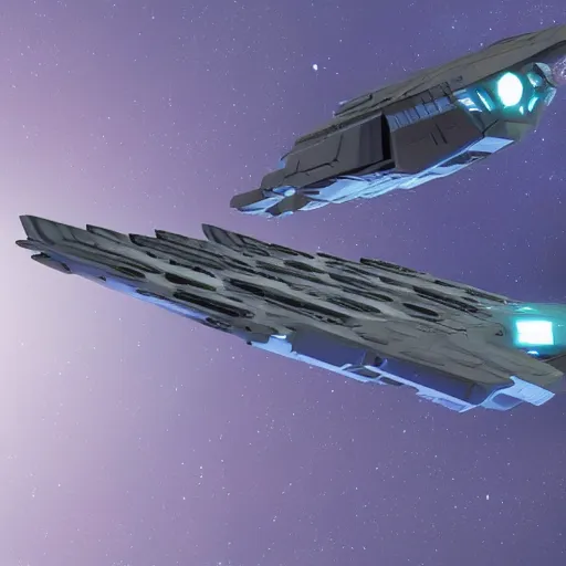 Image similar to a futuristic freighter spaceship surrounded by small space frigates