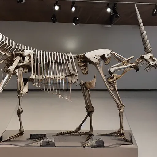 Prompt: complete unicorn skeleton in a museum, detailed photograph