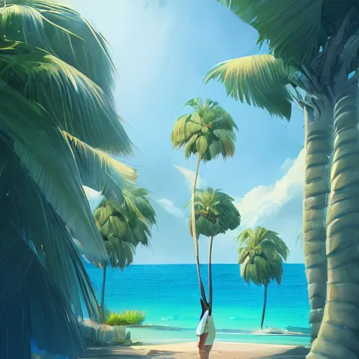 a anime girl walking on a street where palm trees are Live Wallpaper