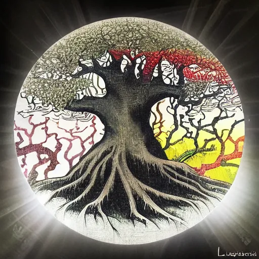 Image similar to tree of life, yggdrasil, arts and crafts, sticker bomb, mixed media, moody lighting, volumetric light, by hieronymus bosch, by katsushika hokusai, by laurie lipton