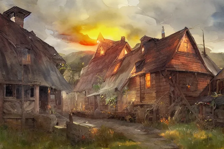 Prompt: paint brush strokes, abstract watercolor painting of rustic village house at dawn, lantern, medieval straw roof, scandinavian viking age, ambient lighting, art by hans dahl, by jesper ejsing, art by anders zorn, wonderful masterpiece by greg rutkowski, cinematic light, american romanticism by greg manchess, impressionism by tyler edlin