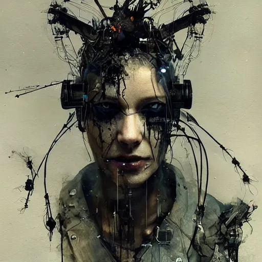 Prompt: cybernetic hunter, cyberpunk, wires, skulls, machines by emil melmoth zdzislaw belsinki craig mullins yoji shinkawa realistic render ominous detailed photo atmospheric by jeremy mann and agnes cecile ink drips paint smears digital glitches glitchart