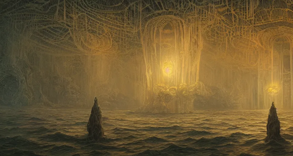 Prompt: atlantide, the lost underwater city, cthulhu, intricate, elegant, glowing lights, highly detailed, digital painting, artstation, concept art, smooth, sharp focus, illustration, loneliness, great space, zdzisław beksinski, 8 k, very high resolution, astrophotography, processing, extremely hyperdetailed