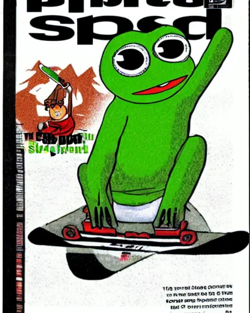 Prompt: pepe the frog snowboarding on cover of 2 0 0 5 sports illustrated magazine