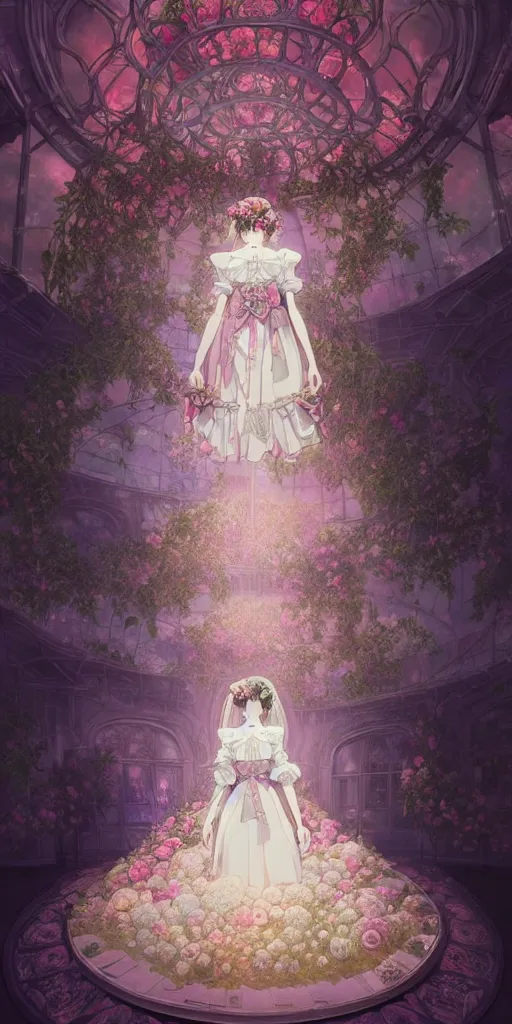 Image similar to the beautiful hyperdetailed physical rendering of a rose wedding gothic lolita dress clothing design display in exhibition hall, exhibition hall lighting, in the style of makoto shinkai victo ngai and peter mohrbacher studio ghibli artgerm karol bak beeple, surrealistic style, close range, 8 k hd, 3 drender