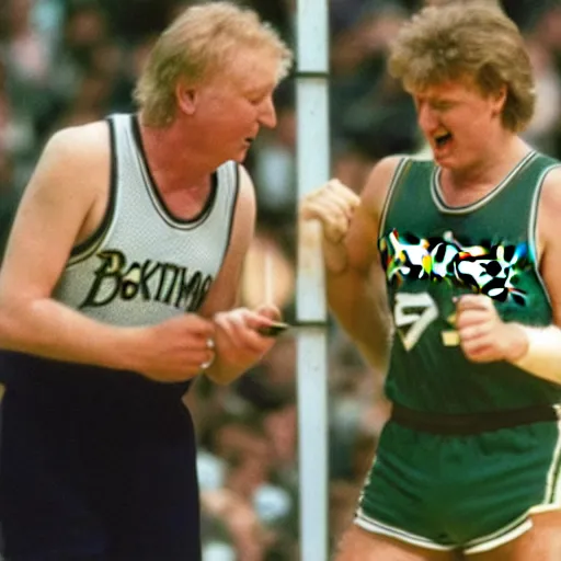 Image similar to rowan aktinson and larry bird battling it out with pokemon