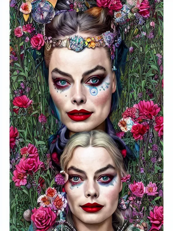 Image similar to a 60mm portrait of margot robbie harley quinn between embellished pattern and huge flower bushes,by Ekaterina Belinskaya,tom bagshaw,Cedric Peyravernay,Bella Kotak,marie spartali Stillman,Marianne North,William Morris,GUCCI,trending on pinterest,dark fantasy,maximalist,glittering,feminine