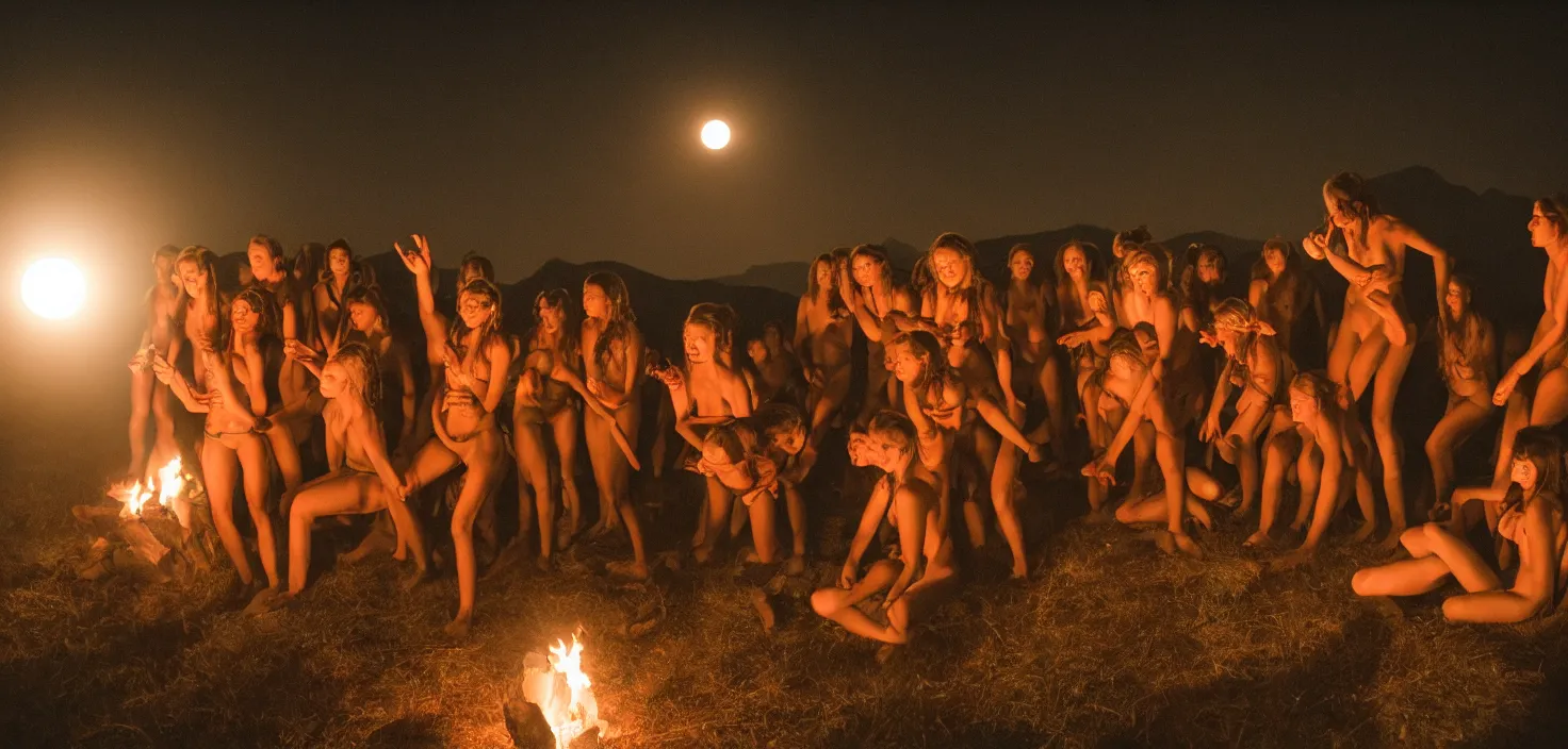 Image similar to a very high resolution historical image. a giant full moon in the mountains while young women writhe in their bonds in the firelight as the satanic ritual continues, 2 4 mm, photorealistic, photography, night directed by wes anderson