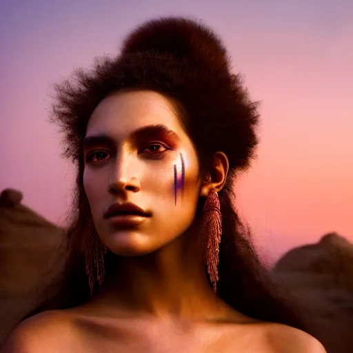 Image similar to photographic portrait of a stunningly beautiful renaissance female with tribal makeup in soft dreamy light at sunset, contemporary fashion shoot, by edward robert hughes, annie leibovitz and steve mccurry, david lazar, jimmy nelsson, breathtaking, 8 k resolution, extremely detailed, beautiful, establishing shot, artistic, hyperrealistic, beautiful face, octane render