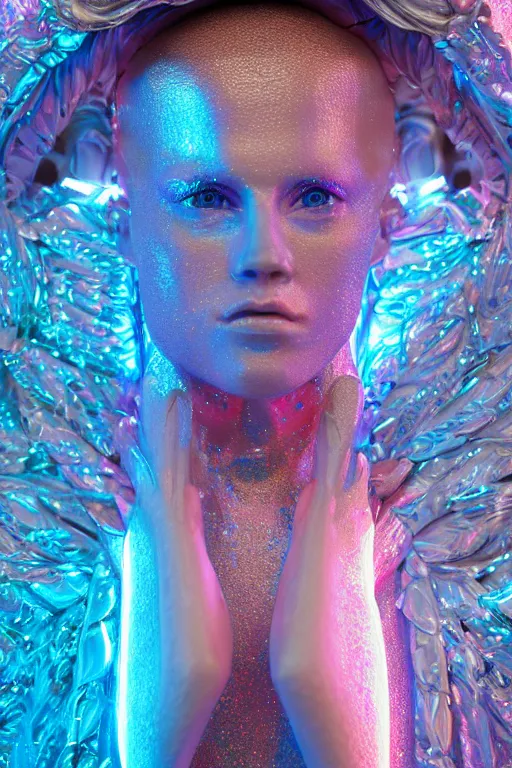 Image similar to hyper detailed ultra sharp portrait of baroque and bladerunner delicate neon diamond sculpture of seductive muscular albino young king, diamond pink sphinx iridescent humanoid deity wearing metallic hoody made out of hands holding the sun prismatic dungeon, glowing blue face, crown of white diamonds, cinematic lighting, photorealistic, octane render 8 k depth of field 3 d