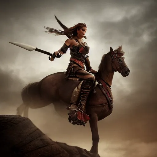 Image similar to legendary female warrior on a flying mount, shallow depth of field, moody lighting, 8 k, concept art,