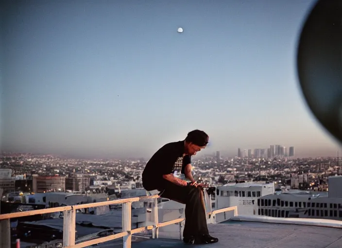 Image similar to film photograph, leica s, kodachrome, rooftop, los angeles, echo park, lake, landscape, blood moon, dusk, man smoking cigarette