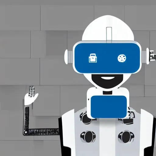 Prompt: architect as robot in site with hard hat illustrations portrait logo holding tablet and wearing vr