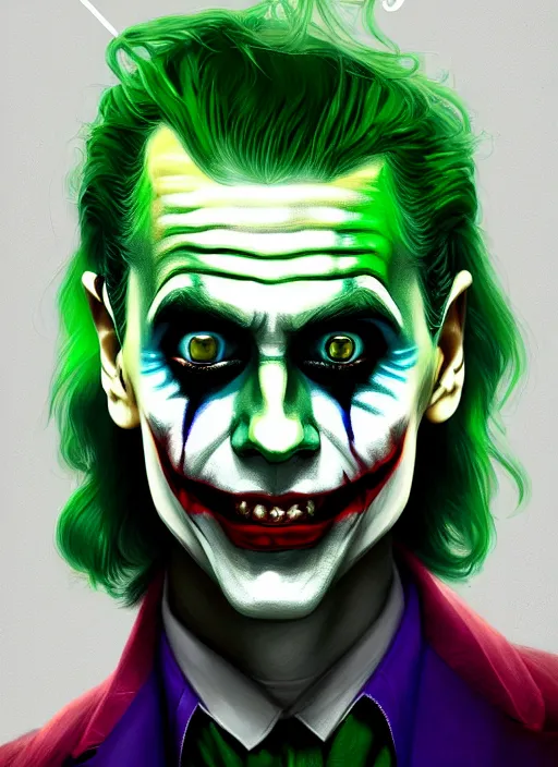 Image similar to portrait of jared leto as the joker, green hair, intricate, elegant, glowing lights, highly detailed, digital painting, artstation, concept art, sharp focus, illustration, art by wlop, mars ravelo and greg rutkowski