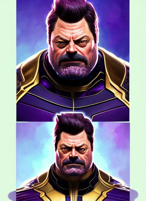 Prompt: portrait of nick offerman as thanos, muscular! fantasy, intricate, elegant, highly detailed, digital painting, artstation, concept art, smooth, sharp focus, illustration, art by artgerm and greg rutkowski and alphonse mucha