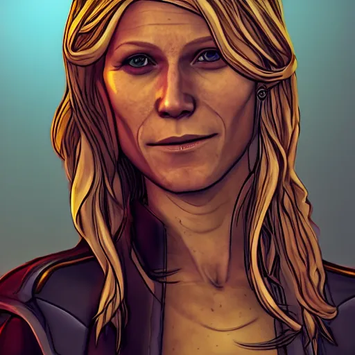 Image similar to gwyneth paltrow portrait, borderlands, tales from the borderlands, the wolf among us, comic, cinematic lighting, studio quality, 8 k