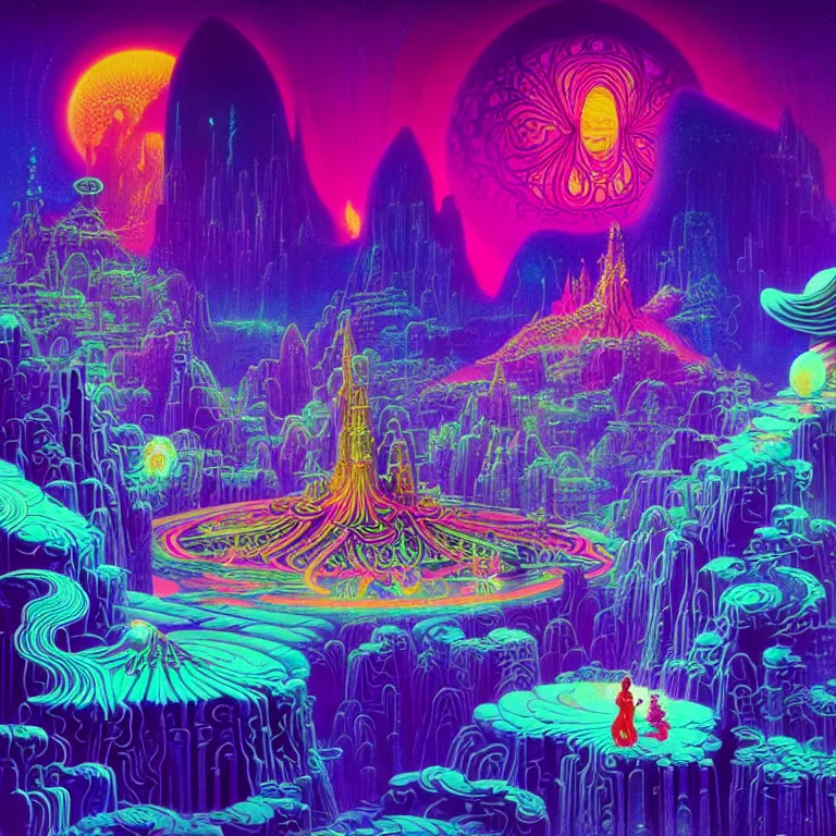 Image similar to mysterious cosmic girl over epic mystical crystal temple, infinite glissando, hallucinogenic waves, synthwave, bright neon colors, highly detailed, cinematic, eyvind earle, tim white, philippe druillet, roger dean, ernst haeckel, lisa frank, aubrey beardsley, kubrick