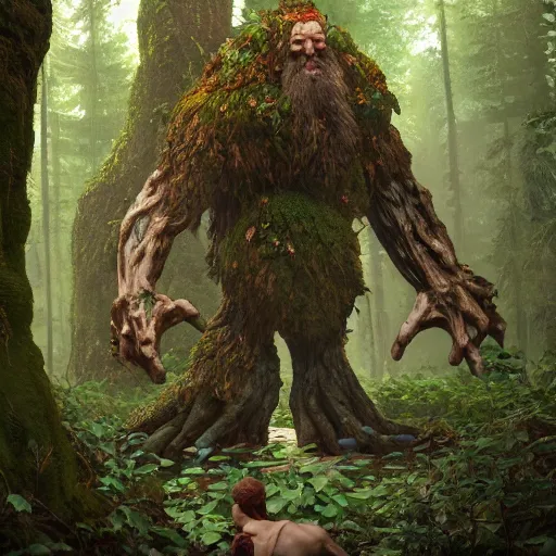 Image similar to a forest giant in the woods, au naturel, hyper detailed, digital art, trending in artstation, cinematic lighting, studio quality, smooth render, unreal engine 5 rendered, octane rendered, art style by klimt and nixeu and ian sprigger and wlop and krenz cushart