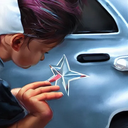 Prompt: close up of child's hand attaching a star - shaped sticker to a truck, digital art by ruan jia and mandy jurgens and artgerm, highly detailed, trending on artstation, award winning