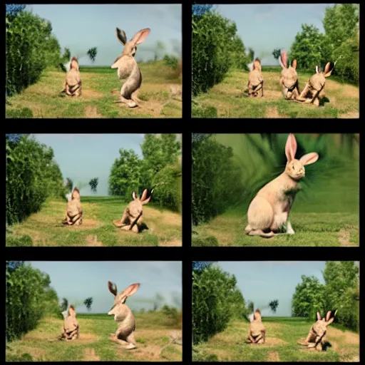 Image similar to a rabbit jumping up over a fence, shown as a film strip showing 9 sequential stills from the video clip in a grid