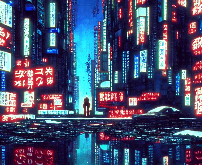 Prompt: cyberpunk street view, film still from japanese animated cyberpunk film Akira movie with art direction by Katsuhiro Otomo, wide lens