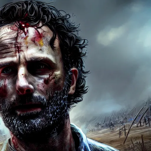 Image similar to rick grimes, the walking dead, zombie, head and shoulders shot, fantasy, medieval, vivid colors, elegant, concept art, sharp focus, digital art, Hyper-realistic, 4K, Unreal Engine, Highly Detailed, HD, Dramatic Lighting by Brom, trending on Artstation