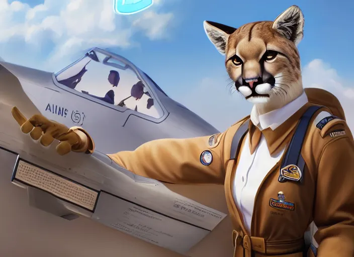 Image similar to character portrait feature of the anthro female anthropomorphic puma bobcat mountain lion fursona wearing airline pilot outfit uniform professional pilot for delta airlines character design stylized by charlie bowater, ross tran, artgerm, and makoto shinkai, detailed, soft lighting, rendered in octane, peru in background