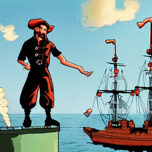 Prompt: a cool looking pirate, standing on the edge of the ship, big explosion on the background, in the style of tintin