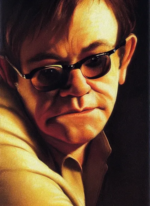 Prompt: portrait of elton john in a golden hour lighting, painted by the caravaggio, 8 k extremely realistic and highly detailed