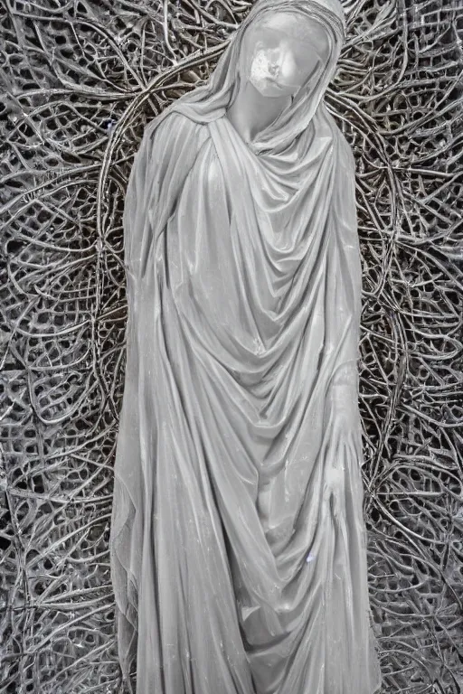 Prompt: a cinematic view of an highly ornated intricate macabre impressionist sacred statue of veiled girl made in light concrete, with few ornaments in shiny polished graphite, sculpted by hedi xandt and antonio corradini