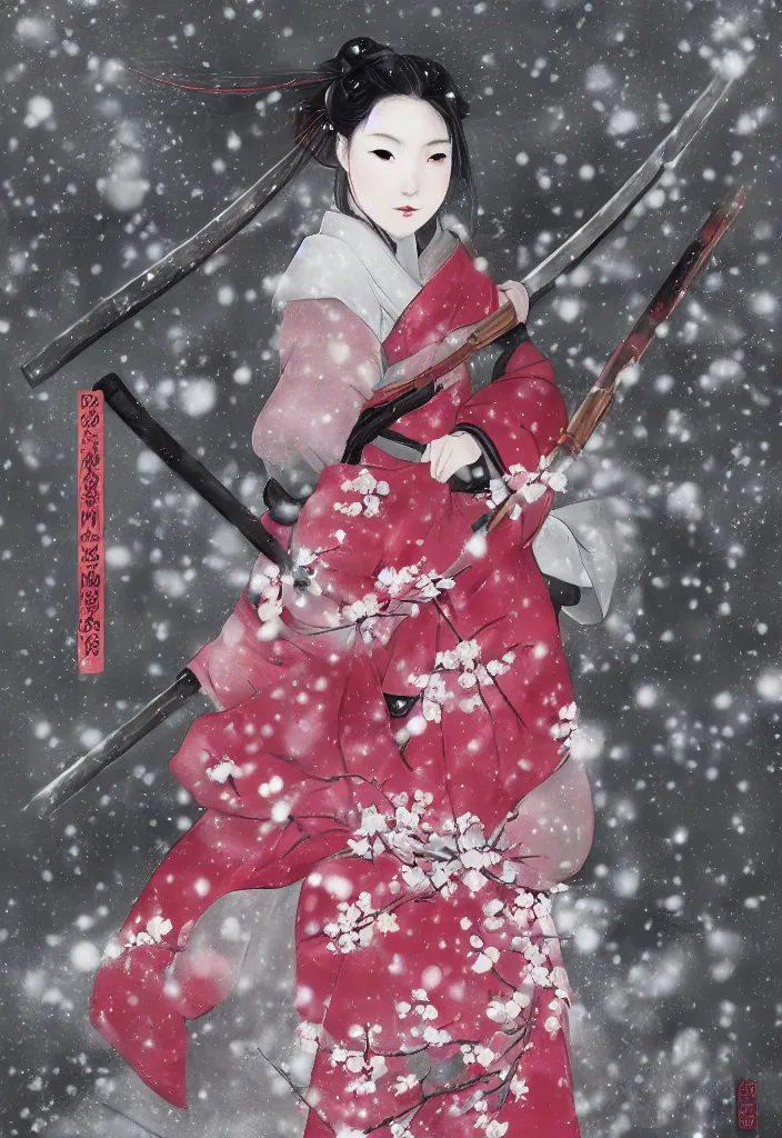 Image similar to detailed portrait of girl samurai in hakama with swords and rifles, in snow forest sakura cherry blossom, taisho roman, by wlop and krenz kushart, elite, elegant, luxury, perfect face, fine details, realistic shaded, fine - face, pretty face