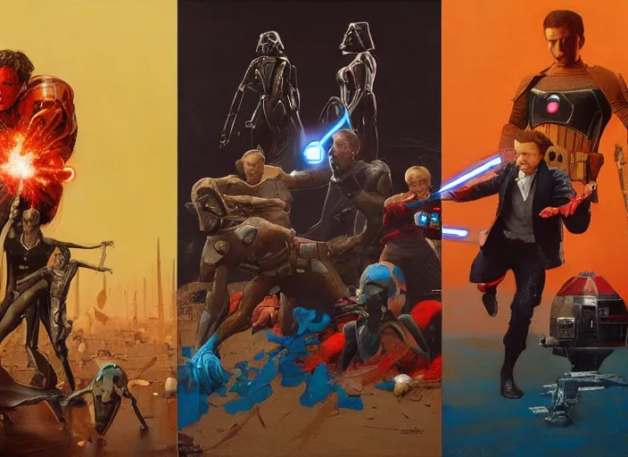 Image similar to a still from the movie avengers : infinty war and a still from the movie starwars of francis bacon and norman rockwell and james jean, and mark brooks, triadic color scheme, by greg rutkowski, syd mead and edward hopper and norman rockwell and beksinski, dark surrealism, orange and turquoise