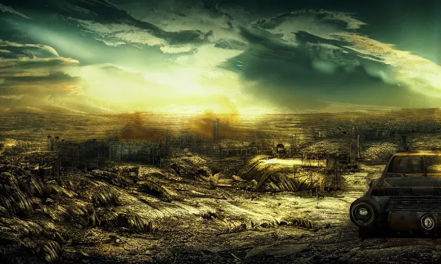 Image similar to post apocalyptic landscape, there is a nuclear explosion in the background, few sun rays, wallpaper, photo, hd, high detailed