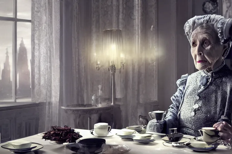 Image similar to VFX movie portrait of old woman served tea by a futuristic butler robot in a decadent living room by Emmanuel Lubezki